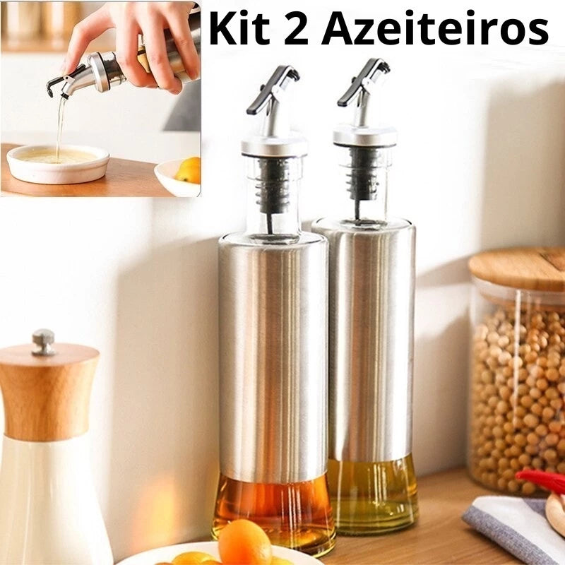 Kit 2 Galheteiros Porta Azeite Vinagre de Vidro e Aço Inox